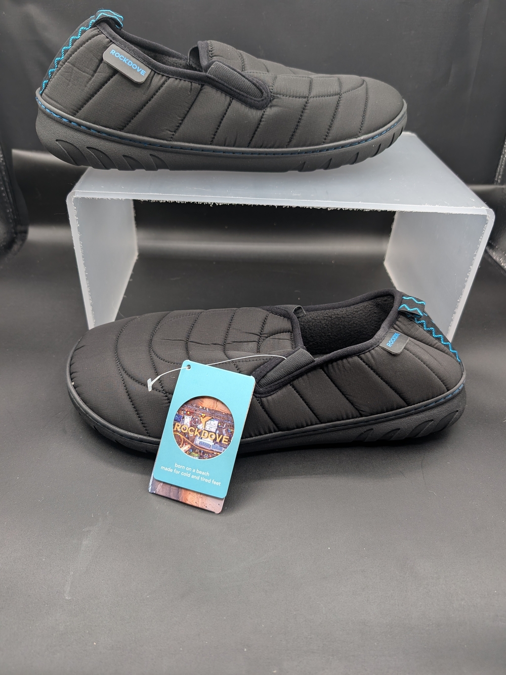 Men's Quilted Slip-On Slippers - Black with Blue Trim